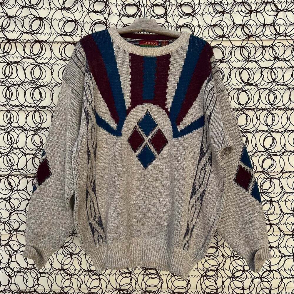 Vintage 90s Oakton Limited Muted Earthy Boho Sunset Maroon Blue sweater LG TALL